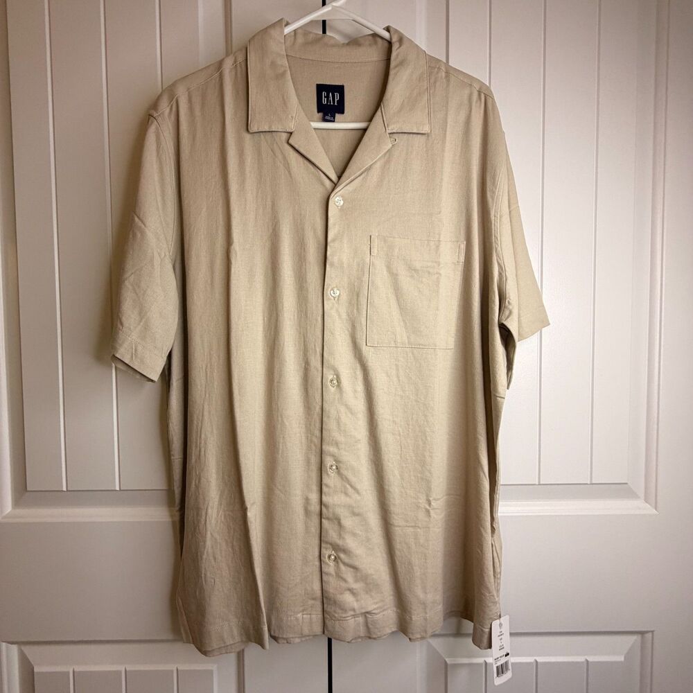 GAP Men’s Linen Blend Camp Collar Shirt Large Khaki NWT Short Sleeve
